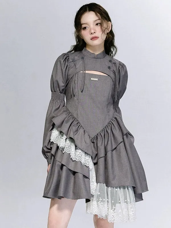 Asymmetrical Ruffle Suspender Dress ＆ Super Short Top