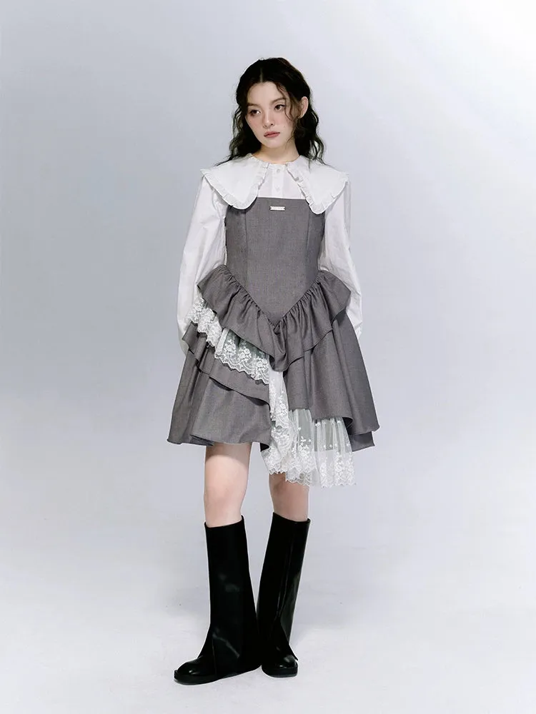 Asymmetrical Ruffle Suspender Dress ＆ Super Short Top