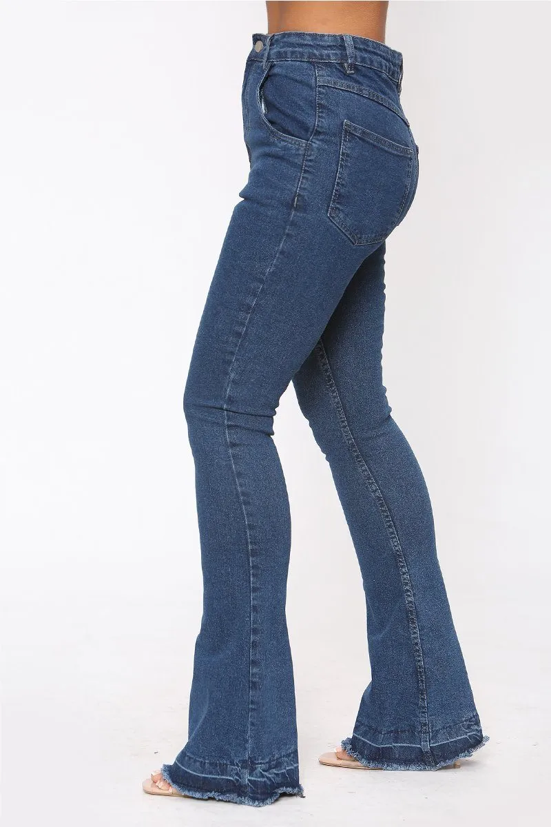 Blue Denim Flared Fray Hem Jeans