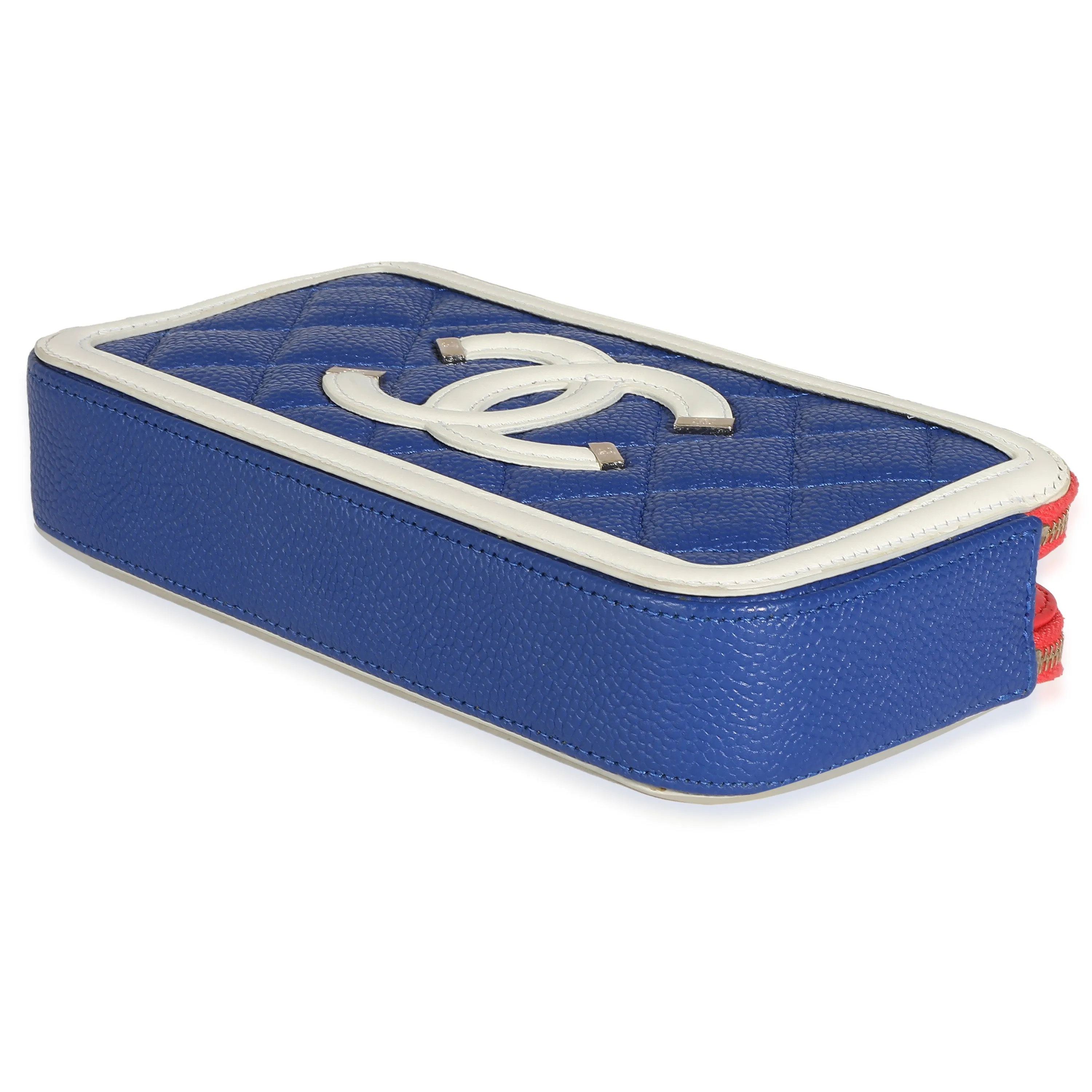 Blue White Red Quilted Caviar Double Zip Filigree Clutch