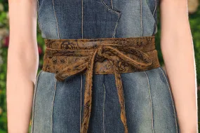 Earth tone engraved leather steampunk obi belt waist clincher
