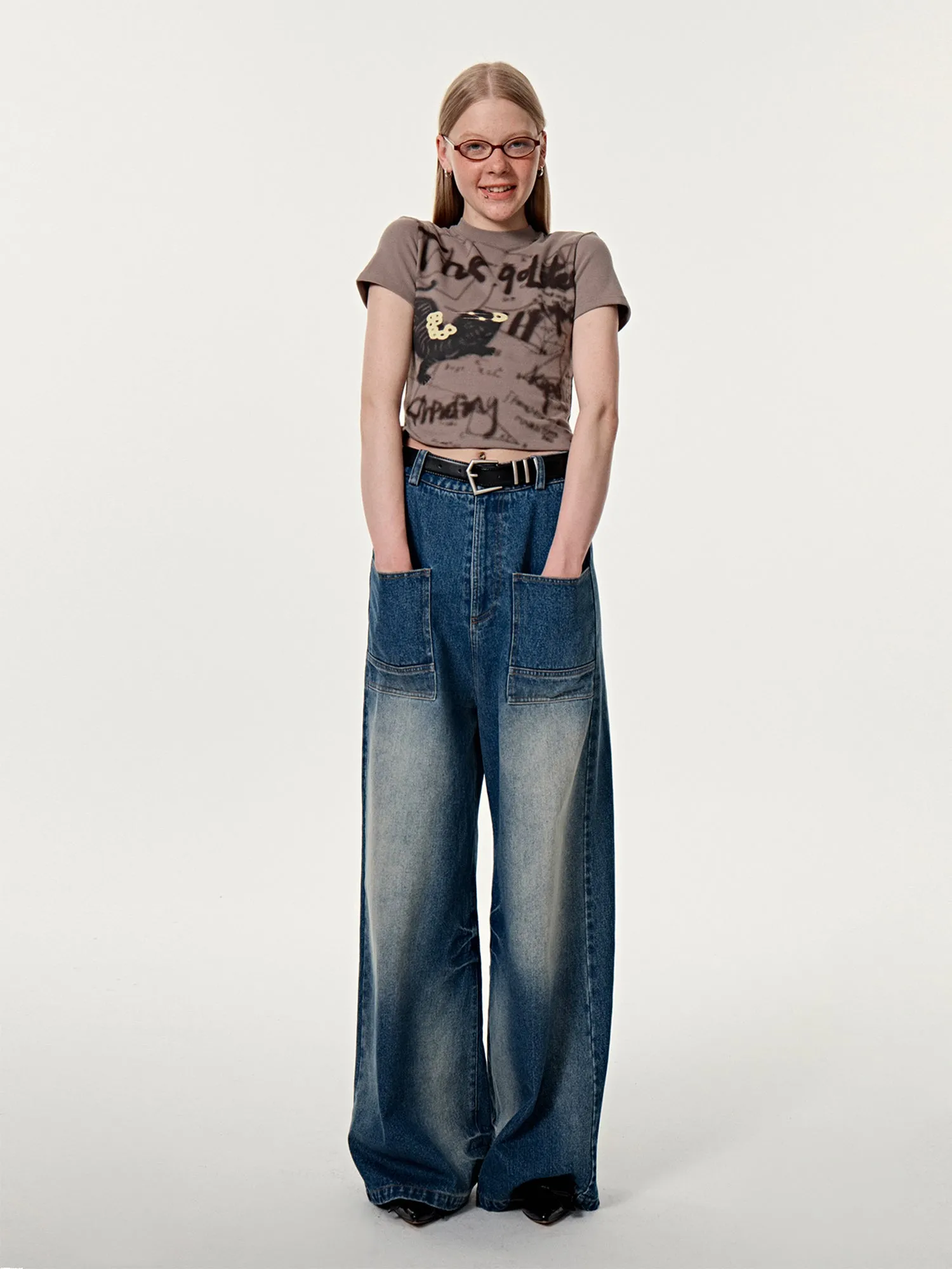 Faded Denim Wide-Leg Casual Pants