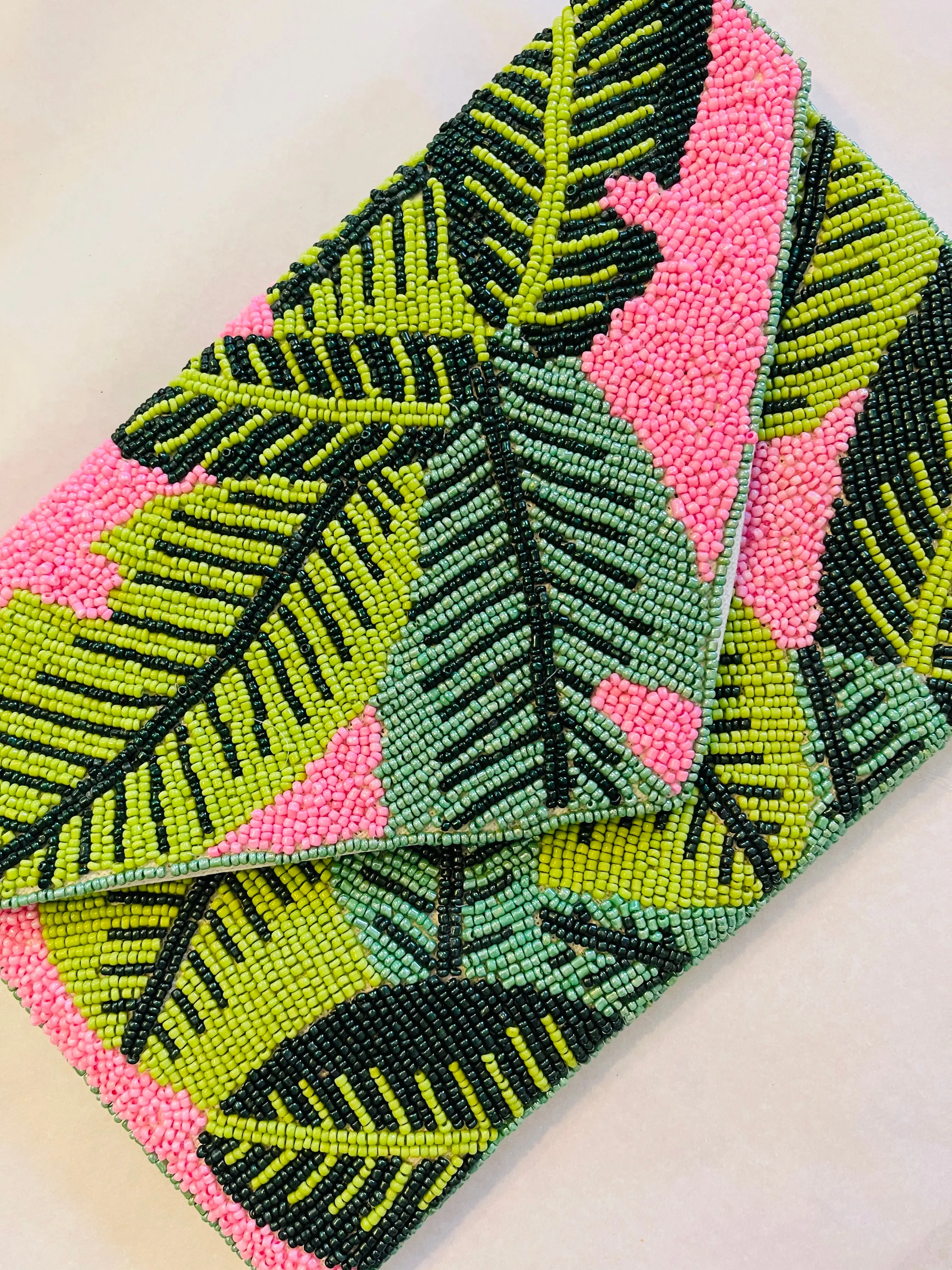 Pink Foliage Handmade Beaded Clutch