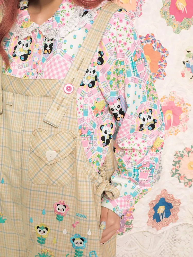 Plaid Panda Embroidery Loose Overalls