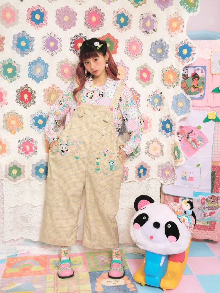 Plaid Panda Embroidery Loose Overalls
