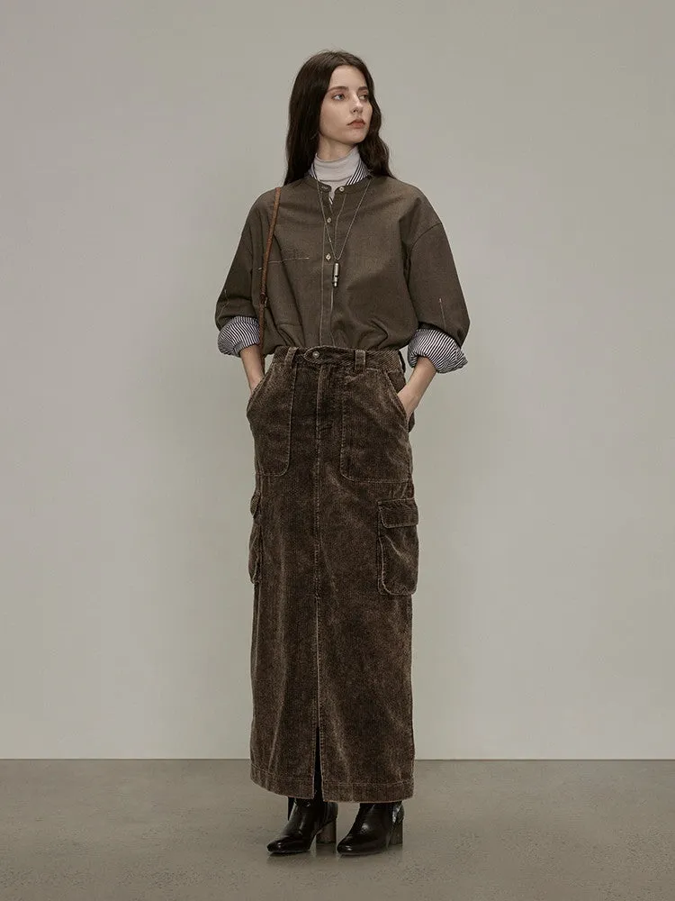 Side-Pocket Corduroy Plain Thick Casual Slit Long-Skirt