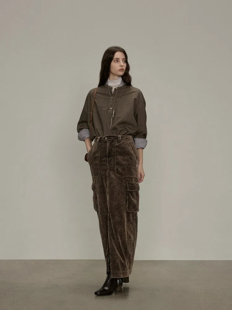 Side-Pocket Corduroy Plain Thick Casual Slit Long-Skirt