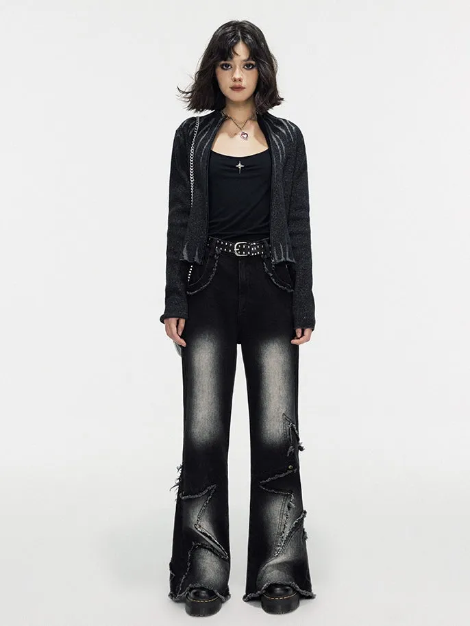 Star Damage Tassel Denim Flare-Pants