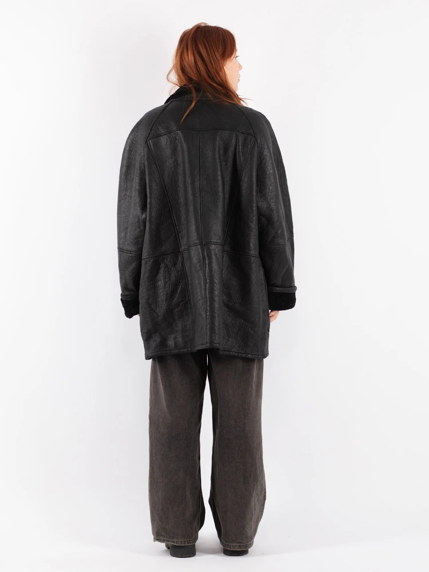 Vintage 90's Women Oversized Sheepskin Coat in Black