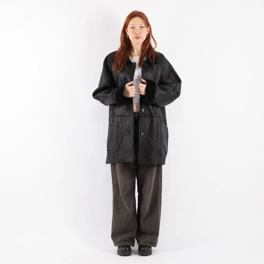 Vintage 90's Women Oversized Sheepskin Coat in Black